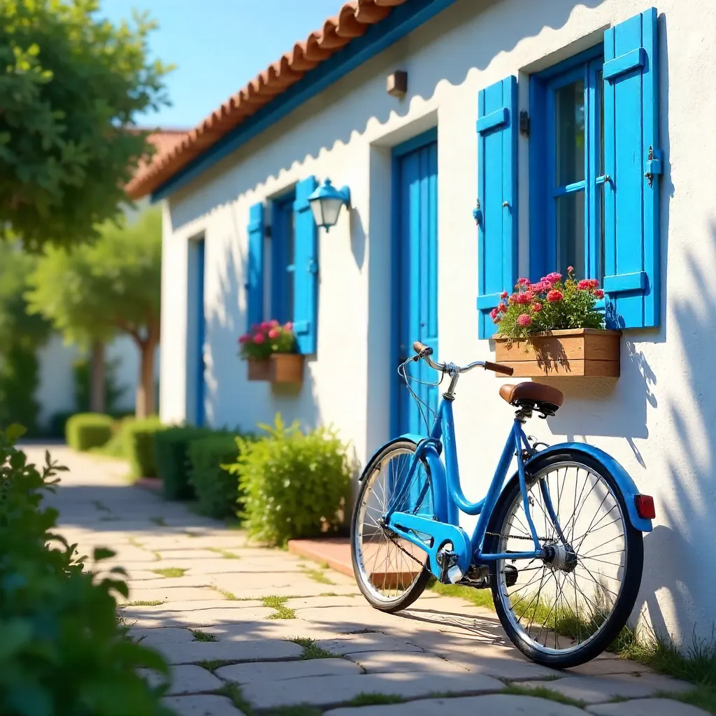 Blue Bicycle by a Sunlit White House