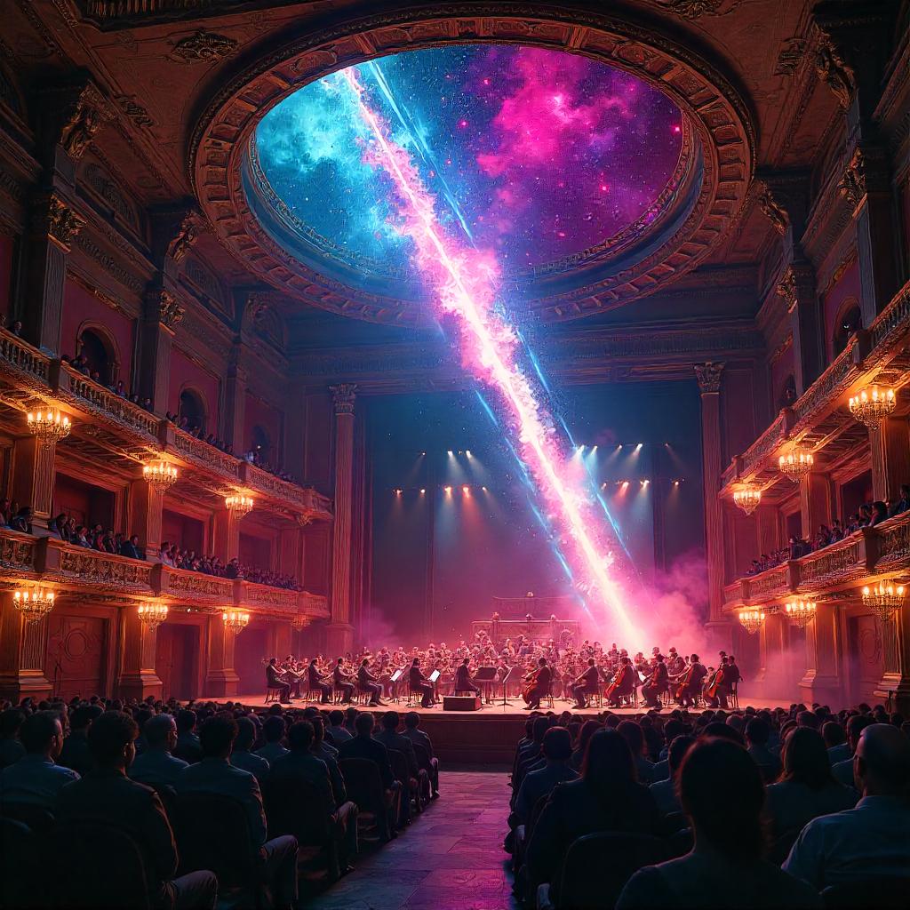 Meteor over a neon-lit concert hall in digital art