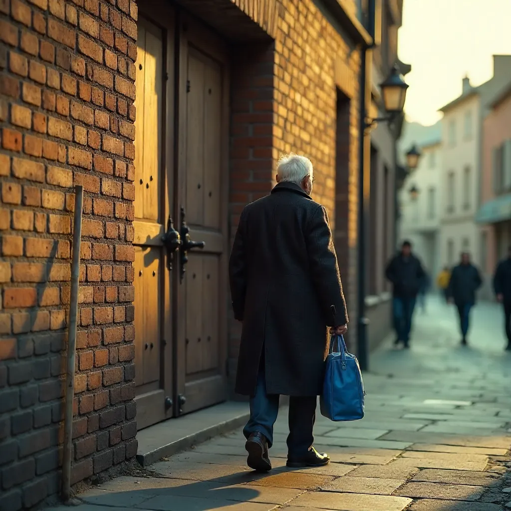 Elderly man by a grand wooden door with blue bag