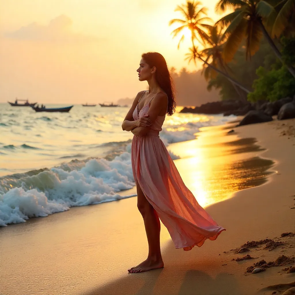 Thoughtful Self-Embrace on a Kerala Beach at Golden Hour