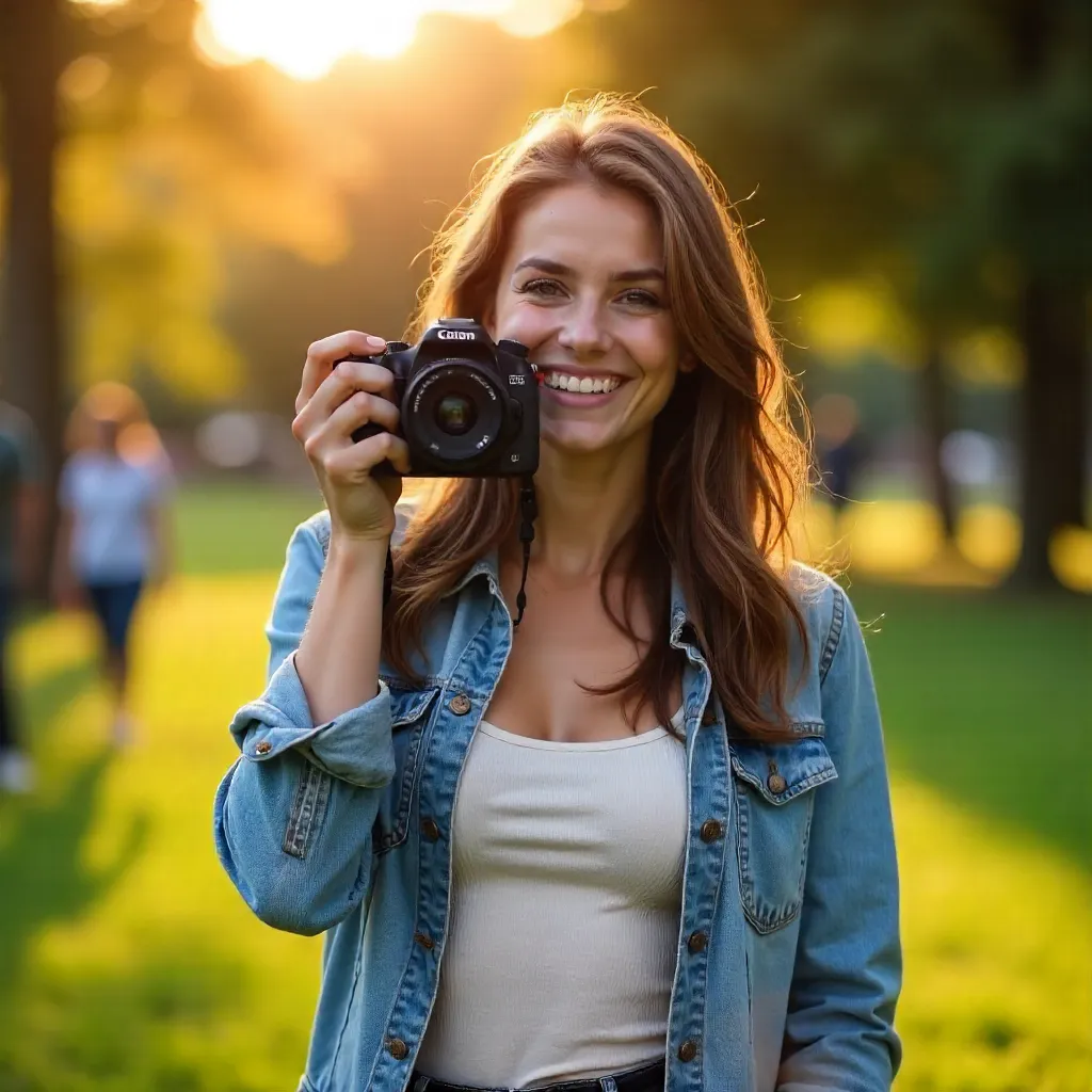Smiling Woman Outdoors Embracing Photography with a DSLR