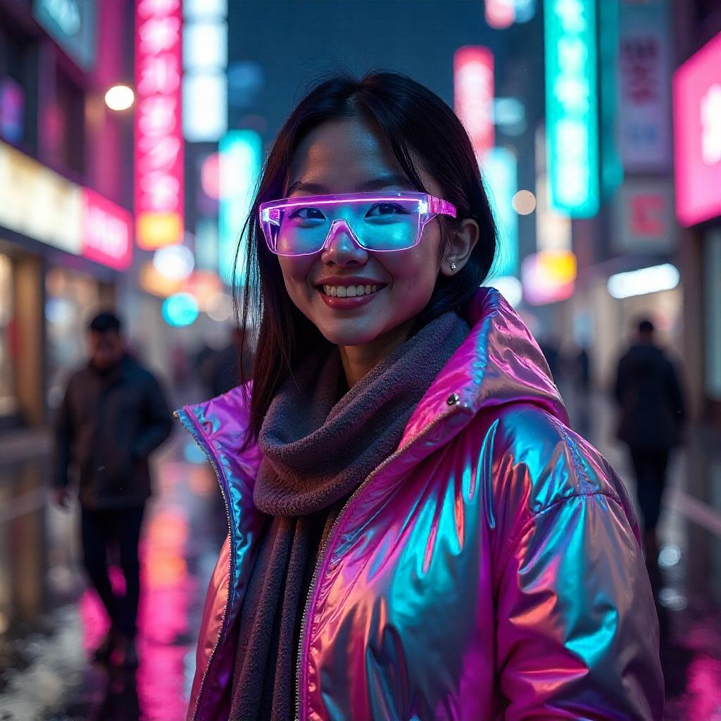 Cheerful Asian Woman in Neon Cyberpunk Downtown