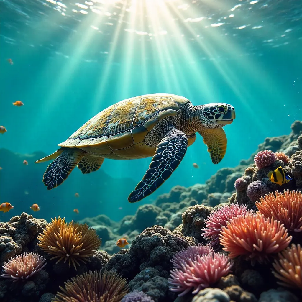 Hawaiian Reef: Turtle and Tropical Fish Among Coral