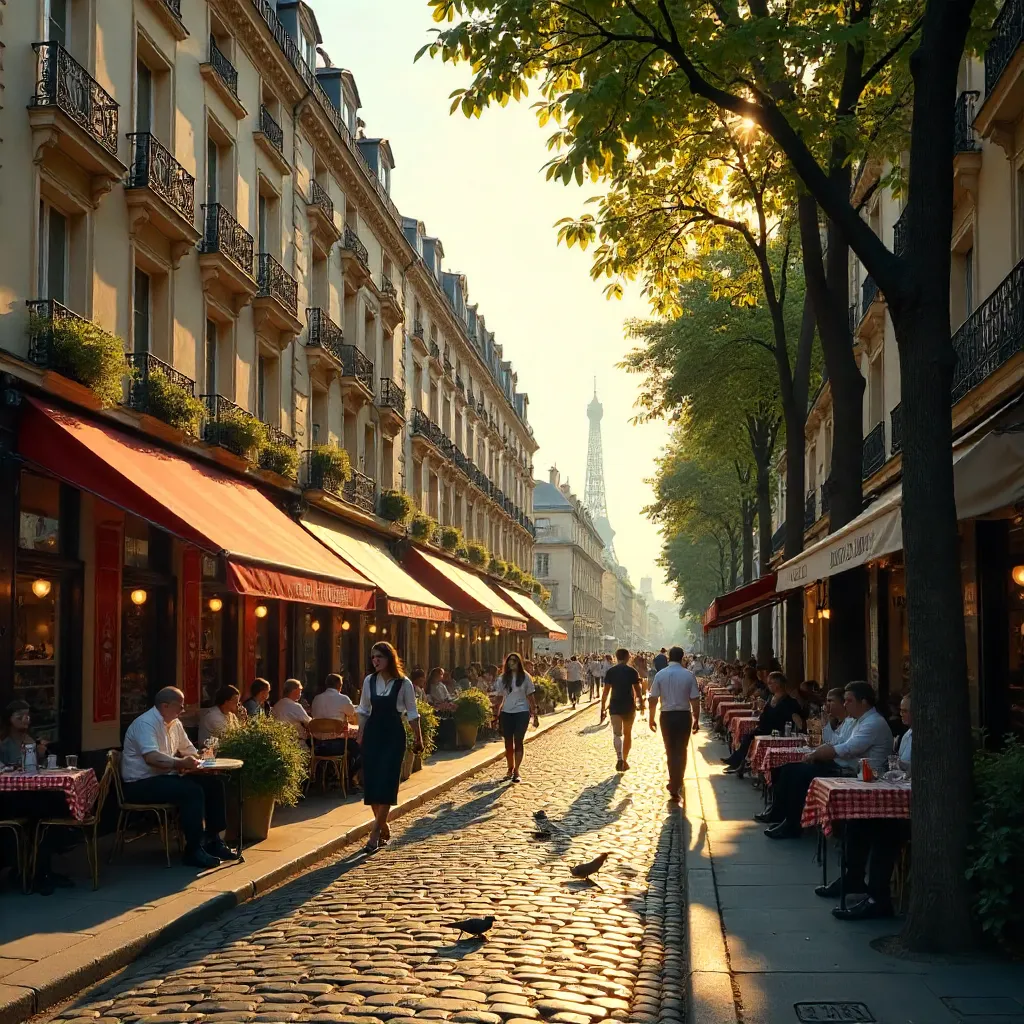 Parisian Street Scene: Haussmannian Facades and Café Life