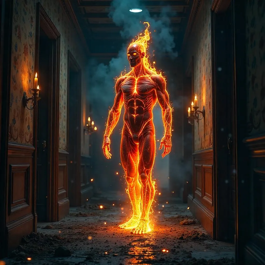 Fire Elemental in a Haunted House Hallway