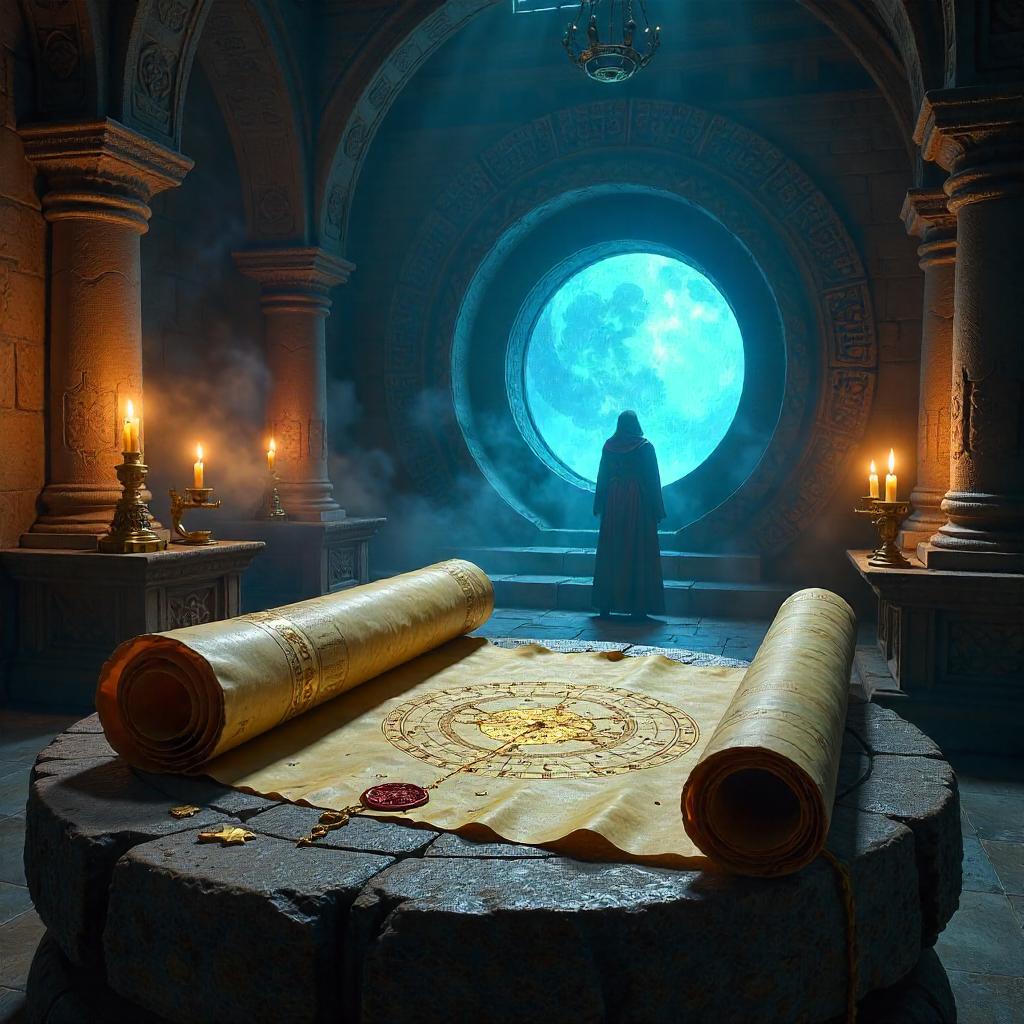 Photorealistic Ancient Scroll in a Portal Chamber