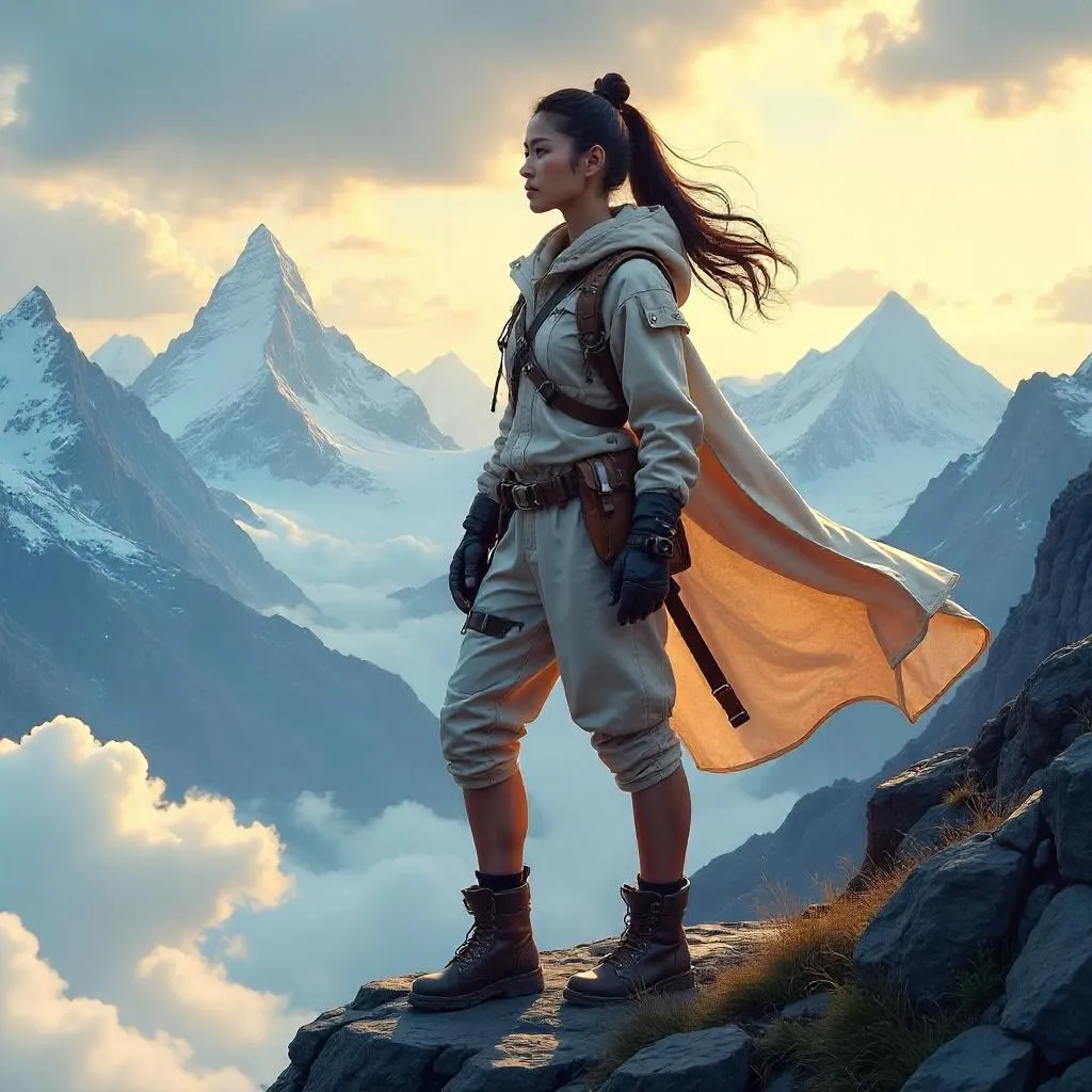 Confident Asian Woman in Mountain Concept Art