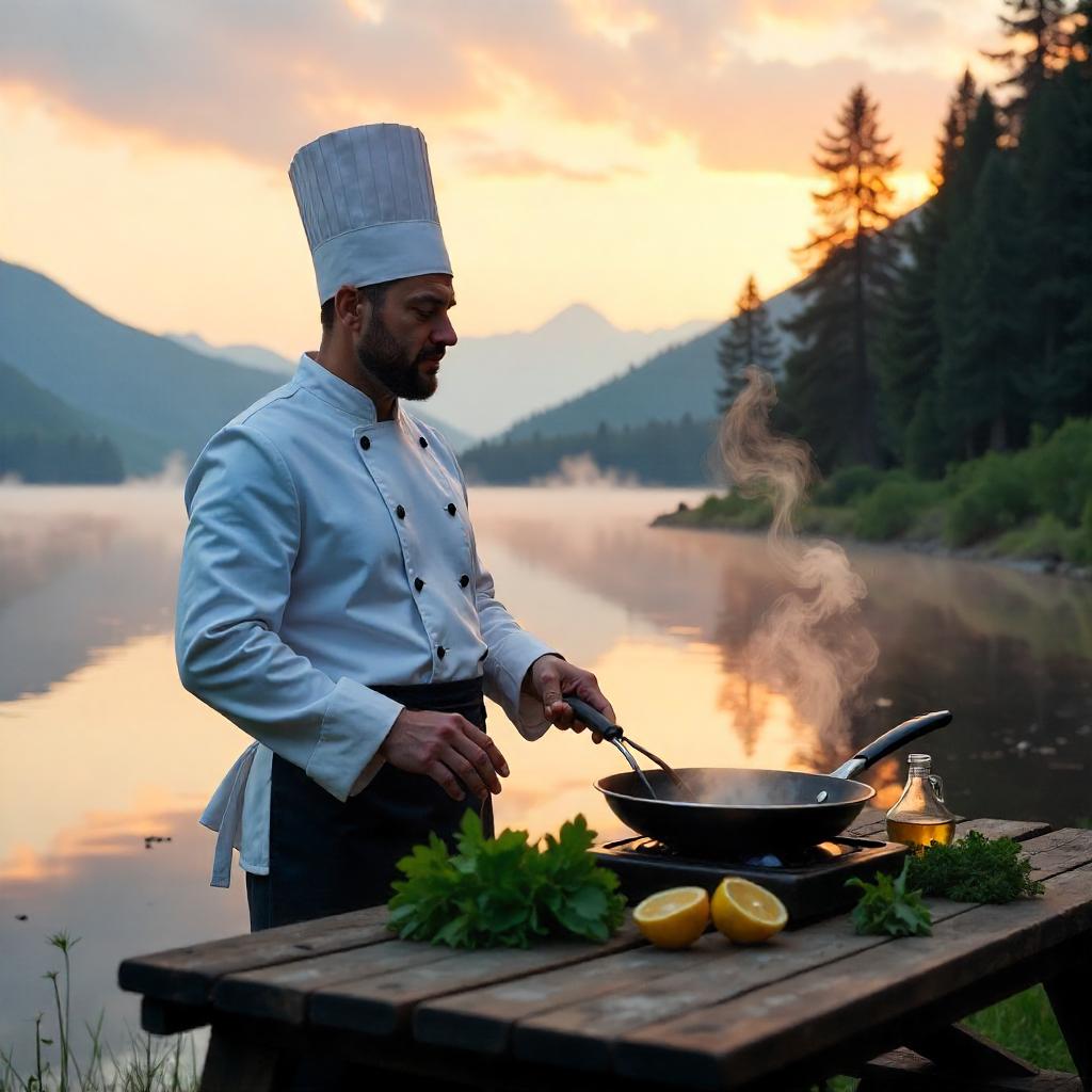 Photorealistic Chef by the Lake at Golden Hour