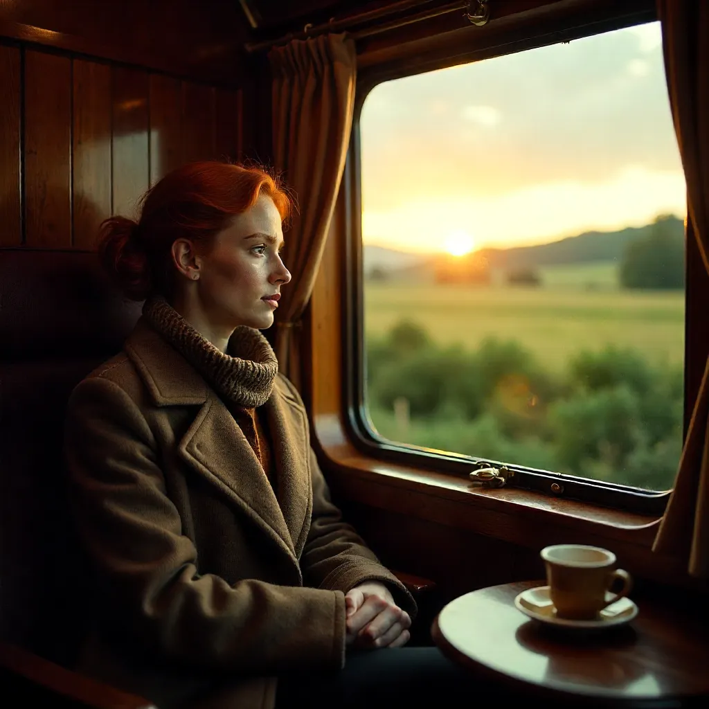 Red-Haired Woman Gazing Out the Train Window