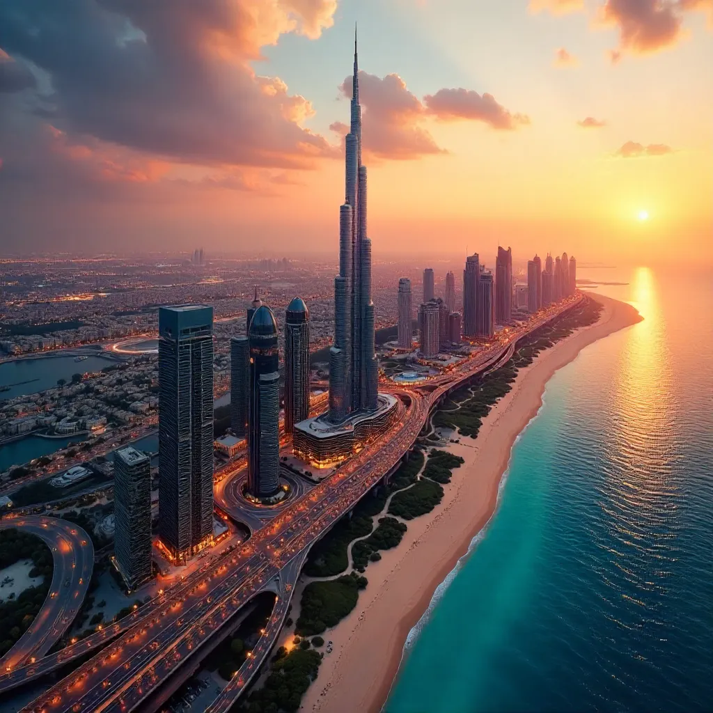 Sunset Aerial: Dubai Skyline & Burj Khalifa