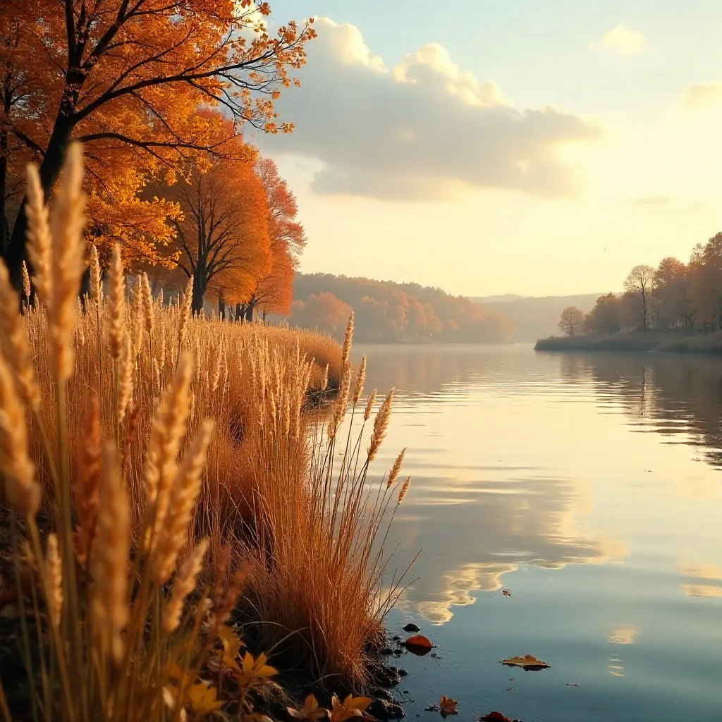 Golden Reeds by a Tranquil Autumn Riverbank