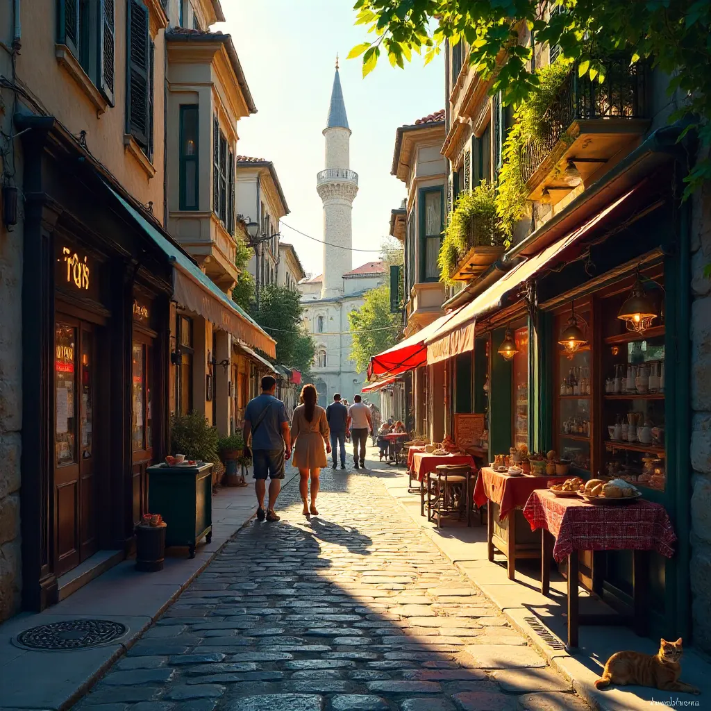Sunlit Istanbul Cobblestone Street Walkers