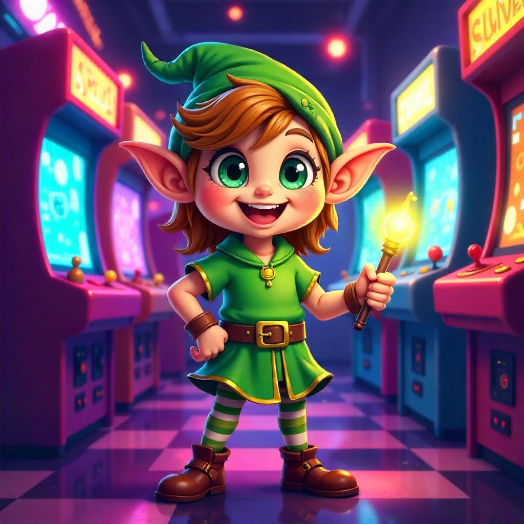 Arcade Elf in Neon Cartoon Paradise