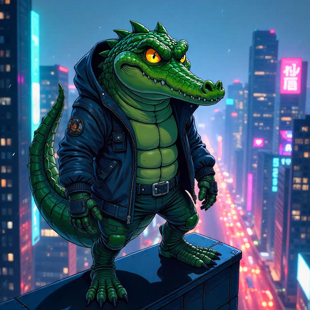 Crocodile Hero in Neon Anime Skyscraper