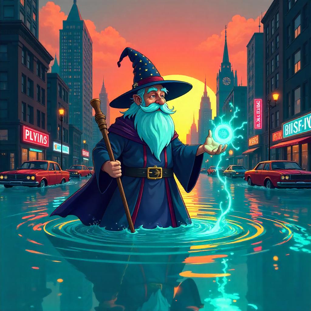 Wizard in a Flooded Cartoon City