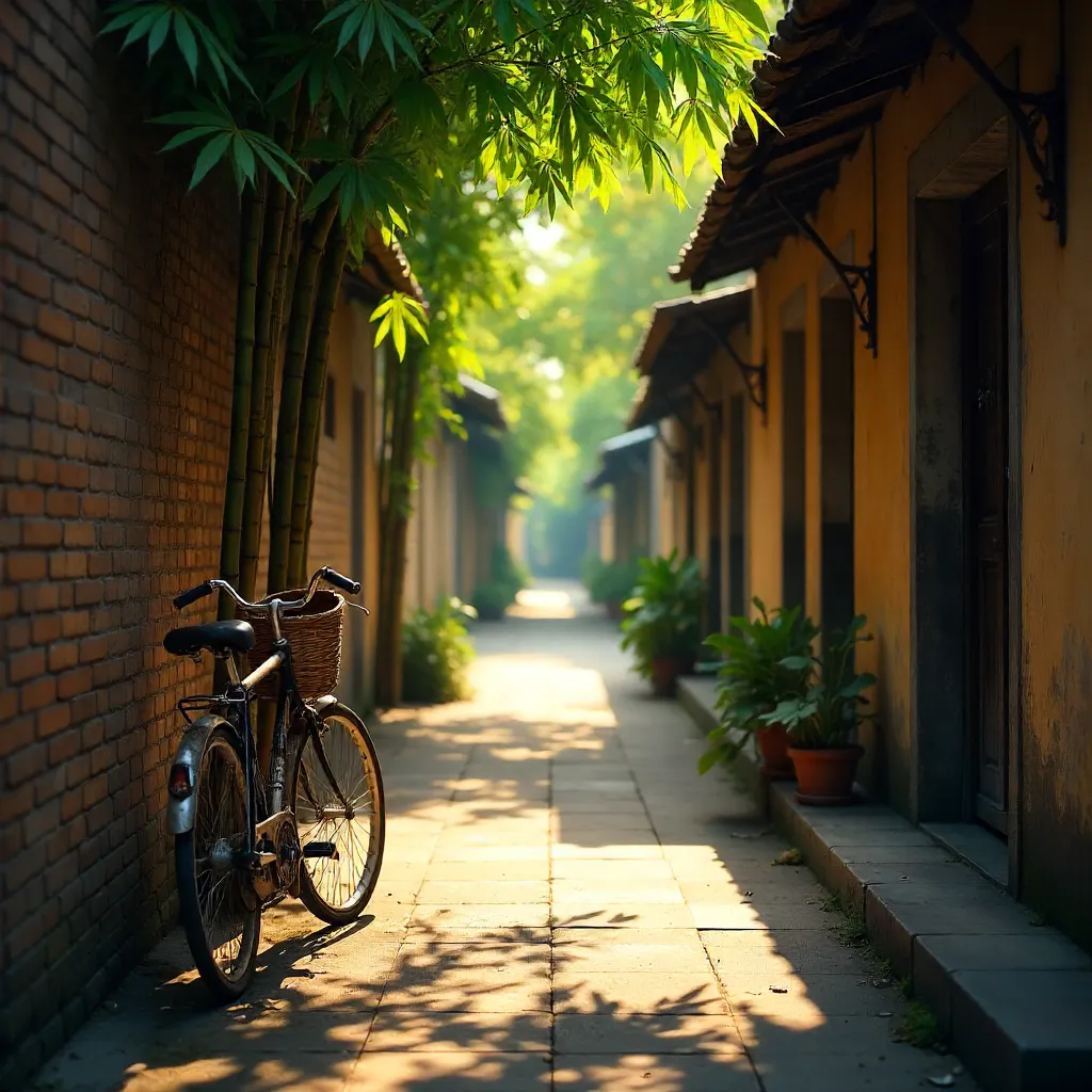 Tranquil Hanoi Alley with Bamboo and Vintage Bicycle