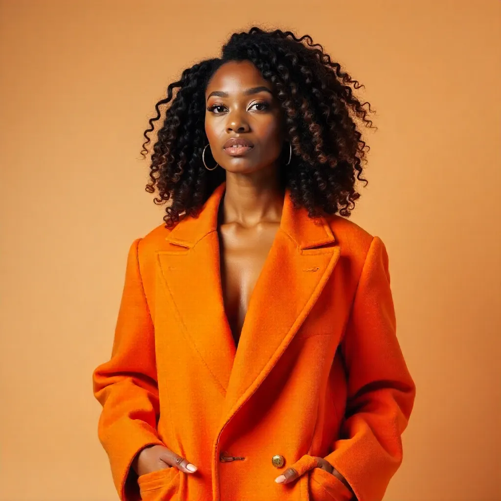 Curly-Haired Chic: Bright Orange Coat in Soft Light