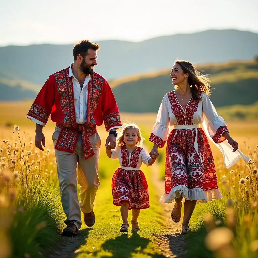 Joyful family in vibrant traditional attire in a sunlit field