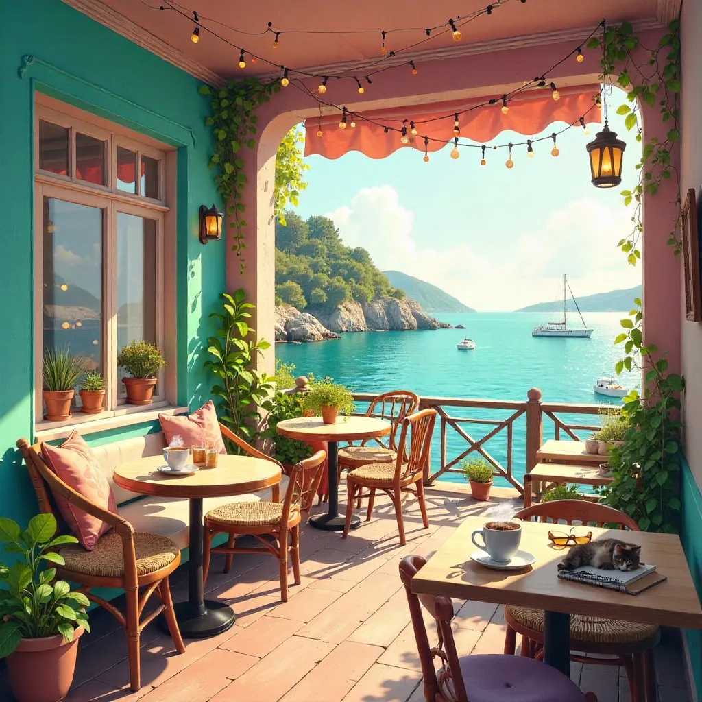 Charming Waterfront Cafe with Colorful Decor
