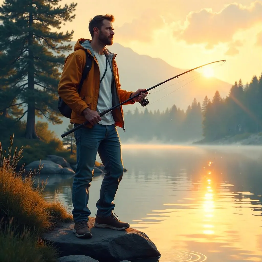 Confident White Man at a Scenic Fishing Spot