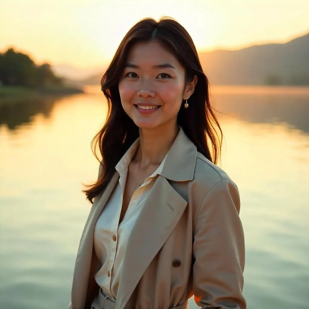 Confident Asian Woman by a Lake - Photorealistic Portrait