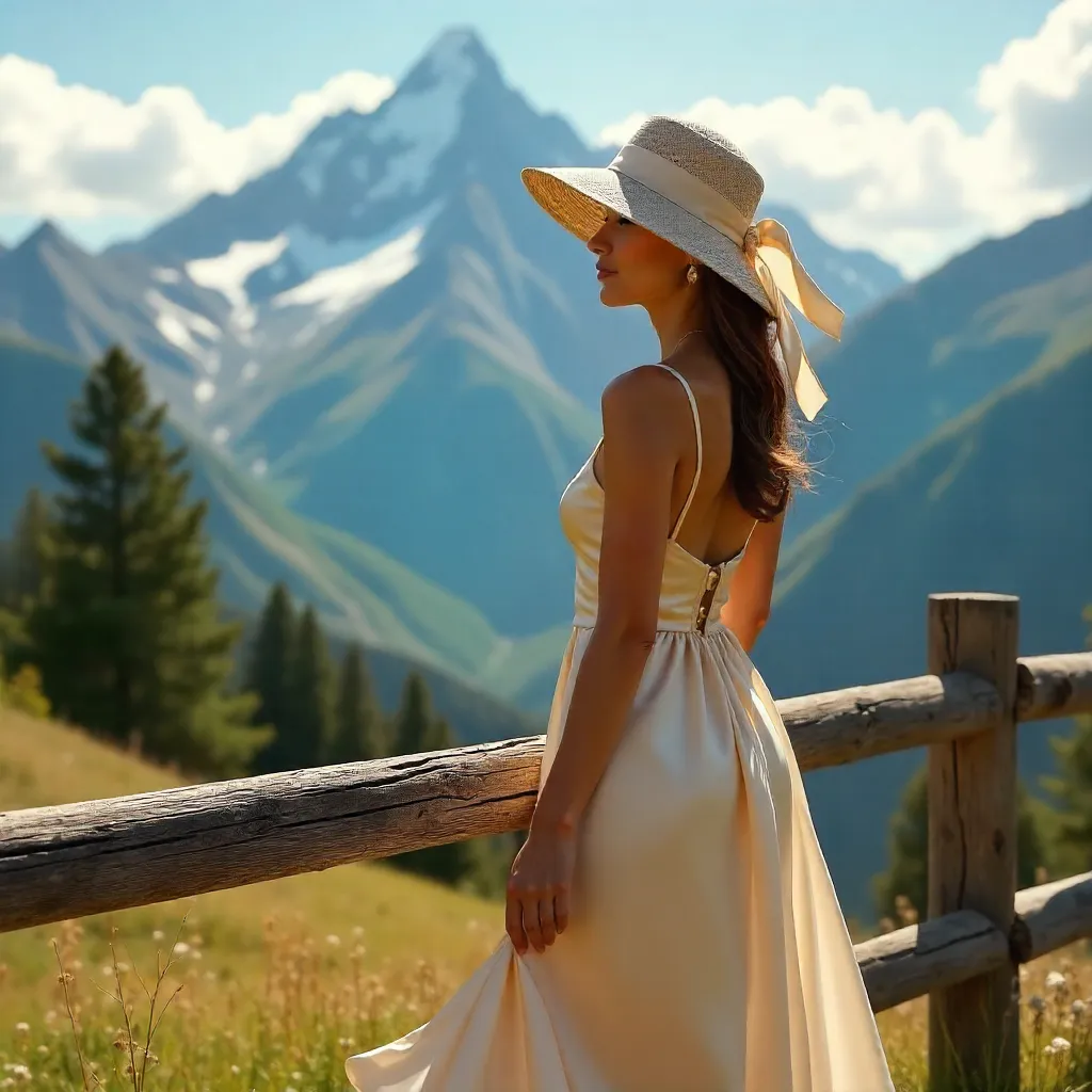 Elegant hated woman by wooden fence in alpine scenery