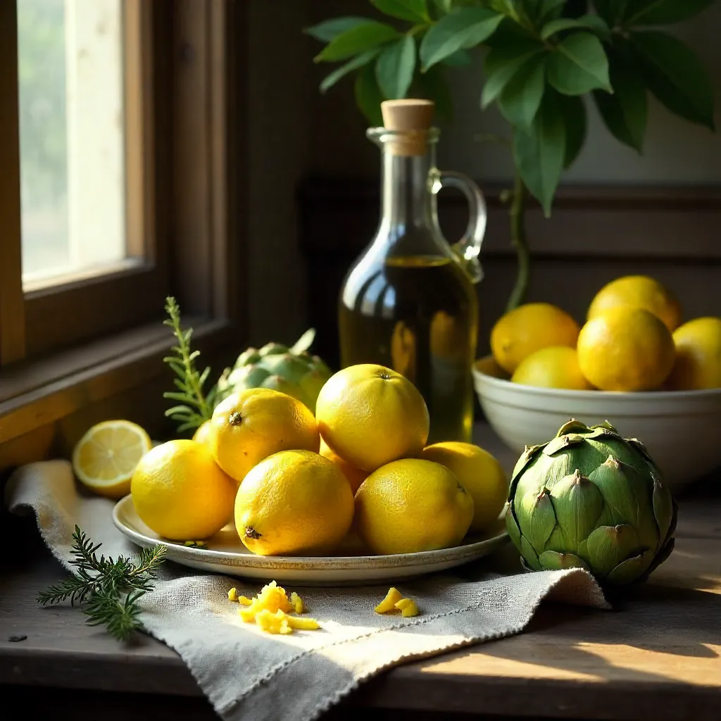 Lemons and Artichokes on a Rustic Table