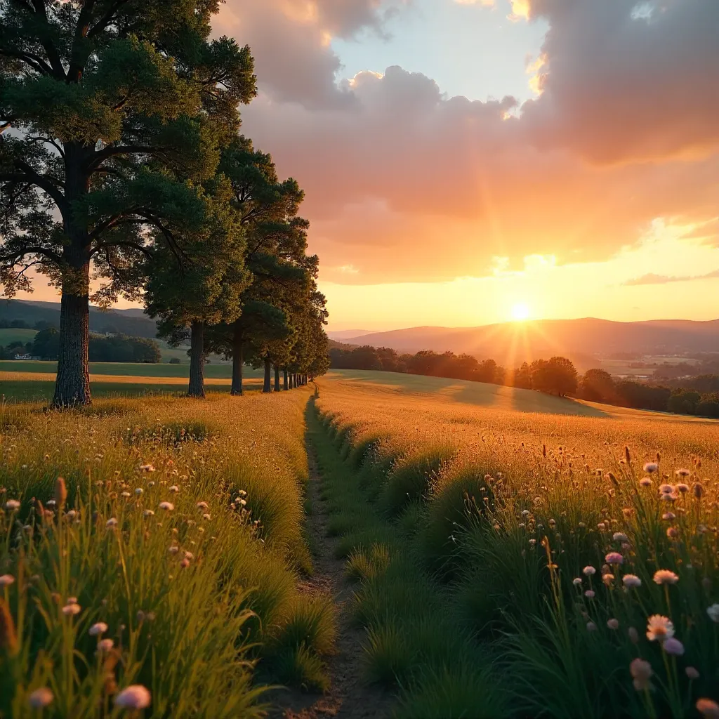 Serene Sunset Field with Tall Trees