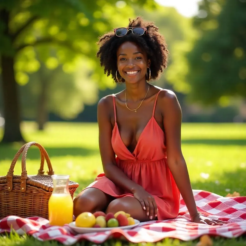 Sunlit Picnic: Stylish Black Woman in Photorealism