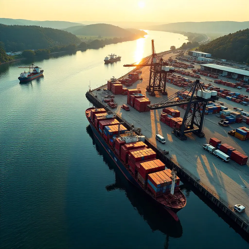 Aerial View: Cargo Ships at a River Port