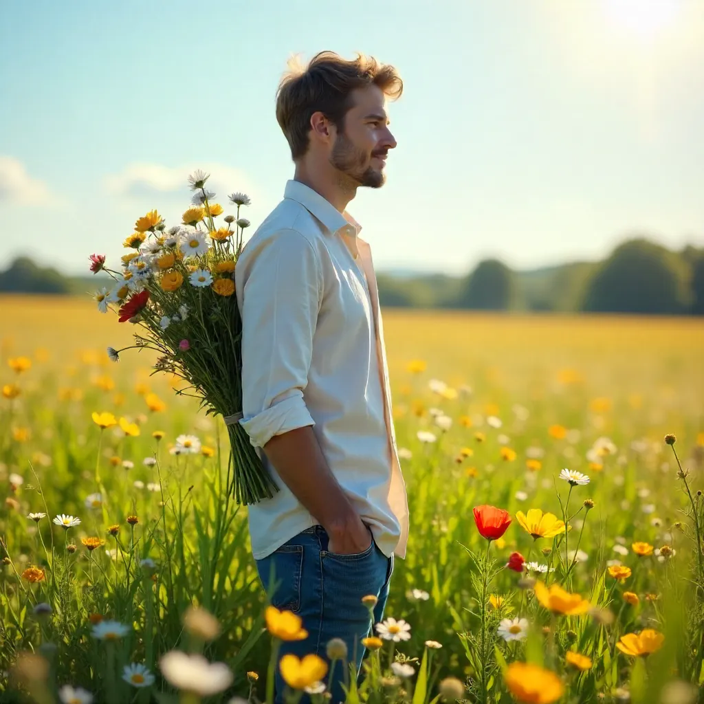Sunlit Field: Man With Hidden Wildflower Bouquet