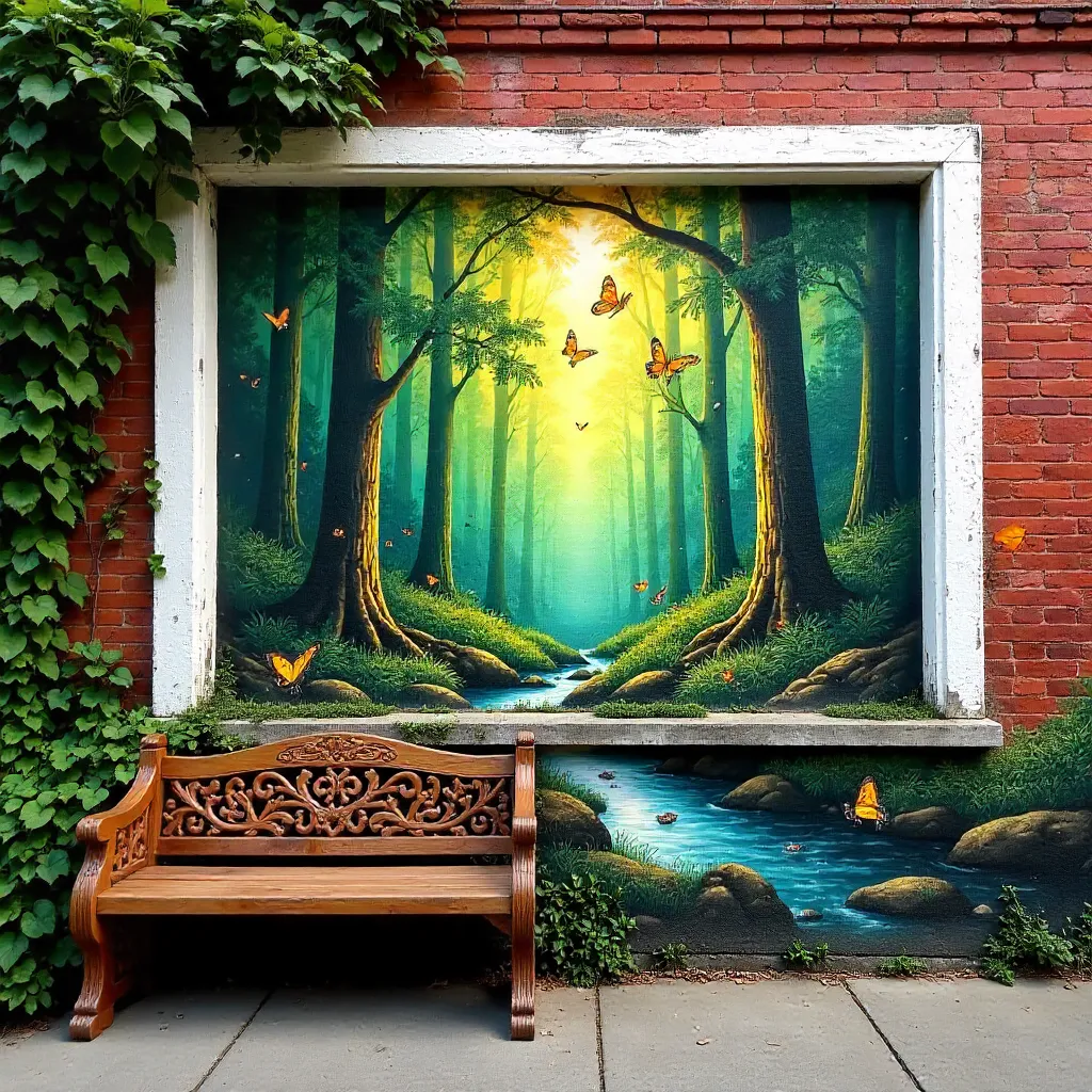 Nature Mural: Bench, Window, and Forest Scene