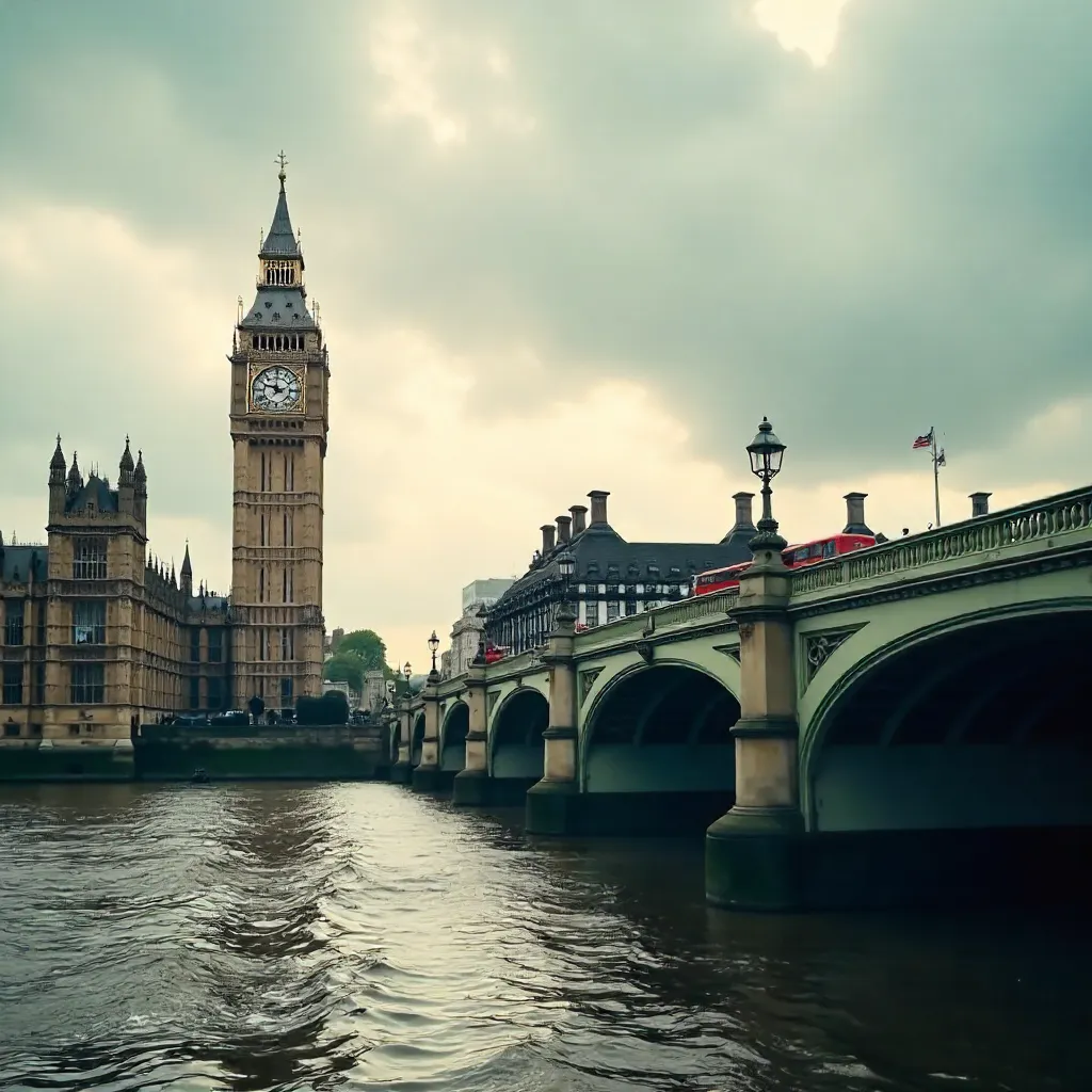 Classic Big Ben and Westminster Bridge with Red Buses