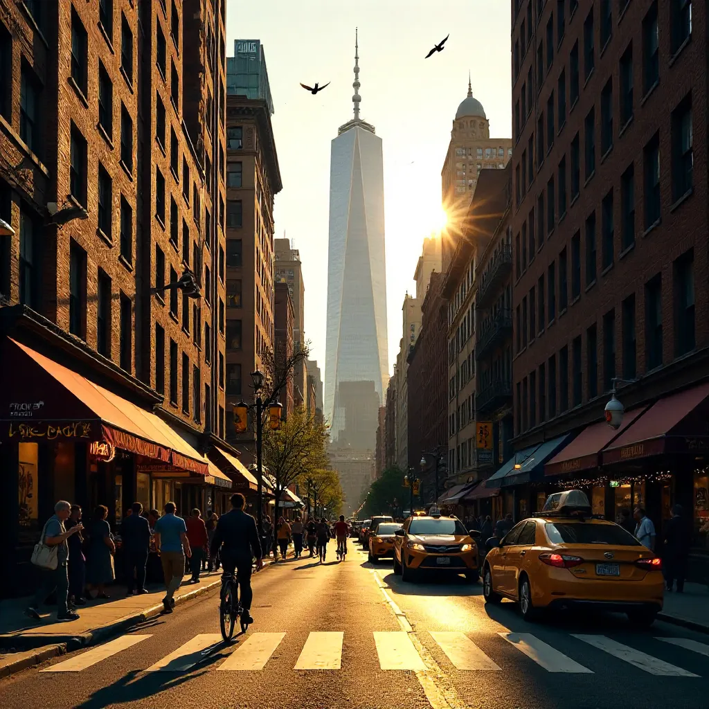 Lower Manhattan Street View with One World Trade Center