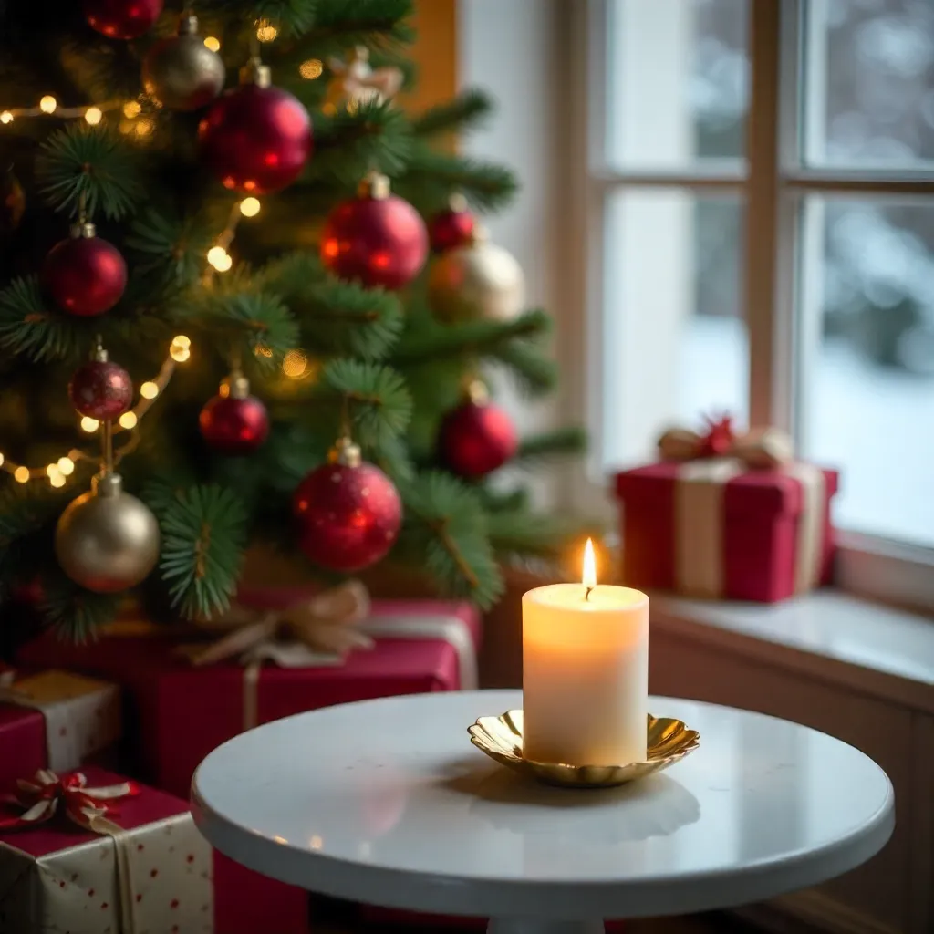 Festive Candle by Decorated Fir Tree on White Table
