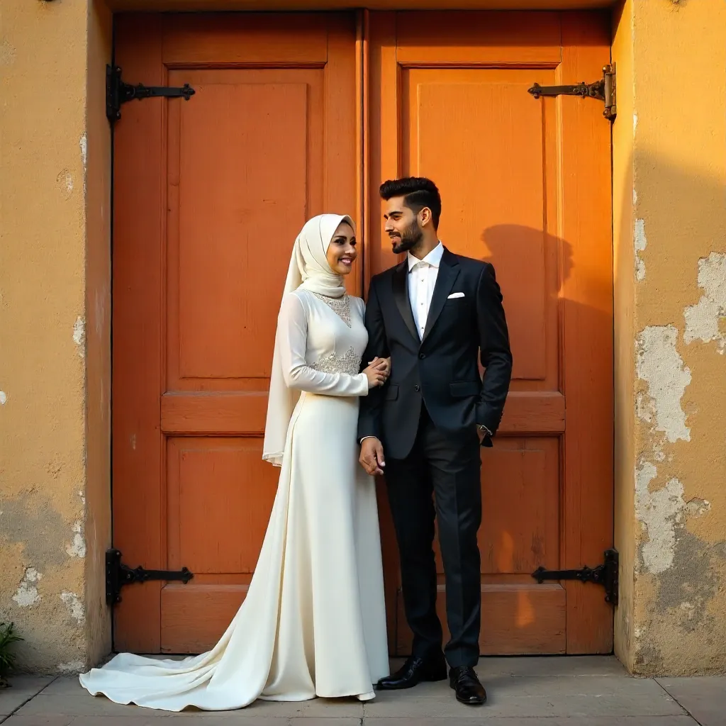 Elegant Muslim Couple by Rustic Door with Orange Backdrop