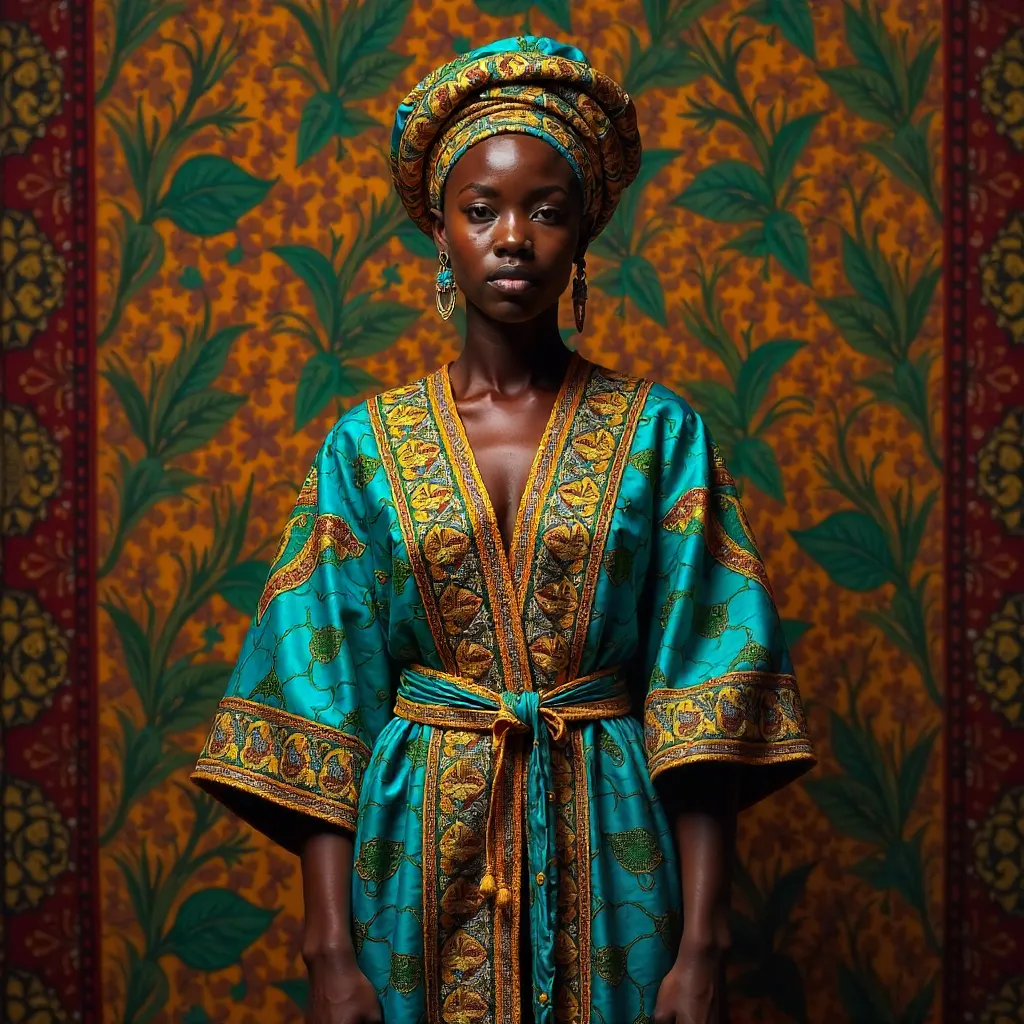 Vibrant African Attire with Turban and Backdrop