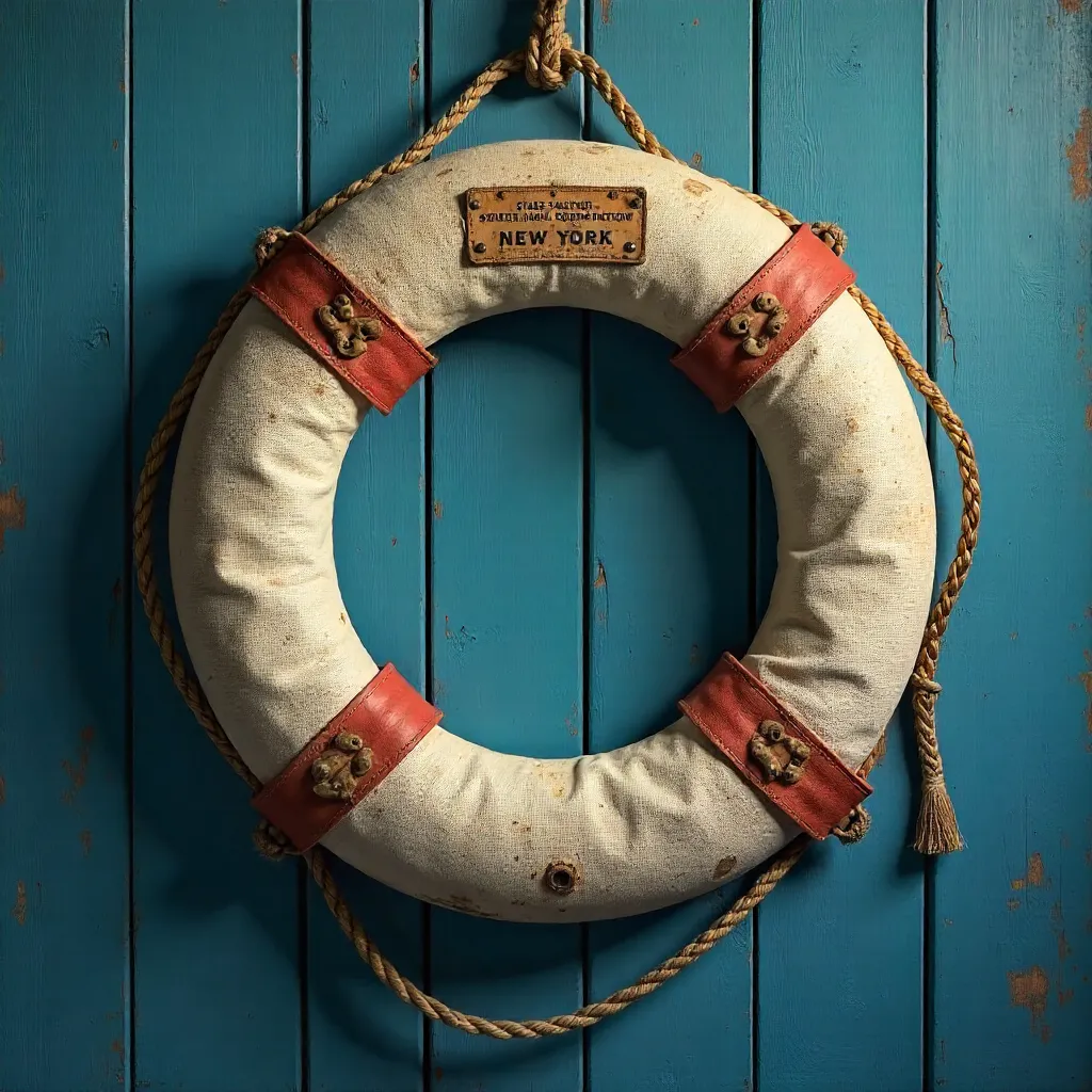 Vintage States Marine Life Preserver on Blue Wall