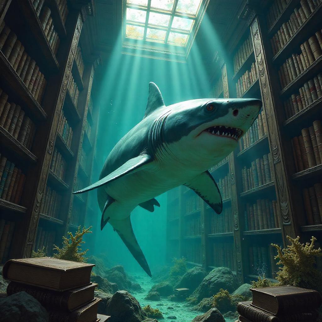 Shark Scholar in a Flooded Library