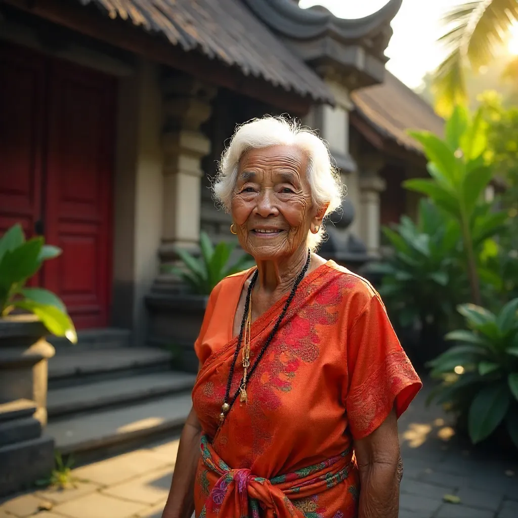 Smiling Balinese Elder in Traditional Architecture Backdrop