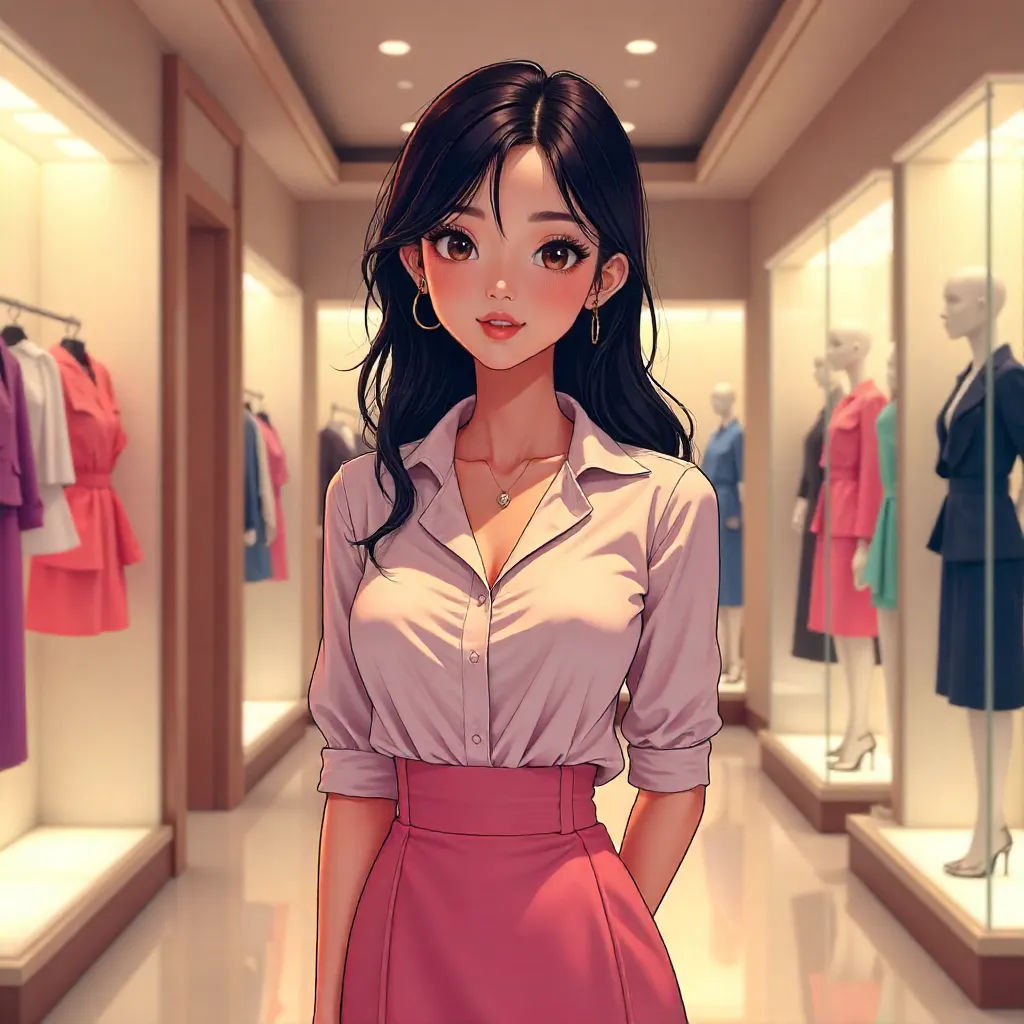 Elegant Anime Portrait: Adult Asian Woman in a Boutique