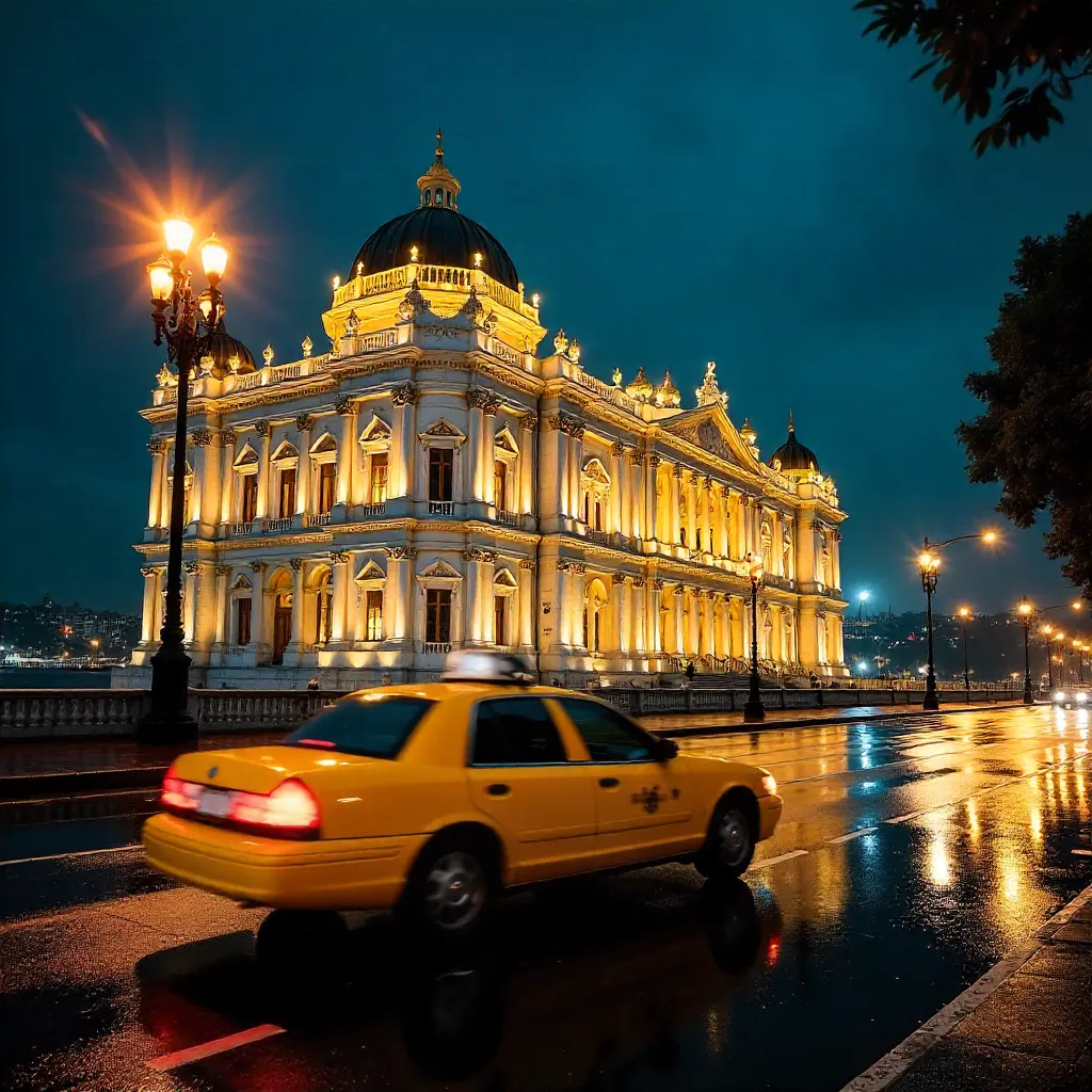 Yellow Taxi by Dolmabahçe Palace at Night