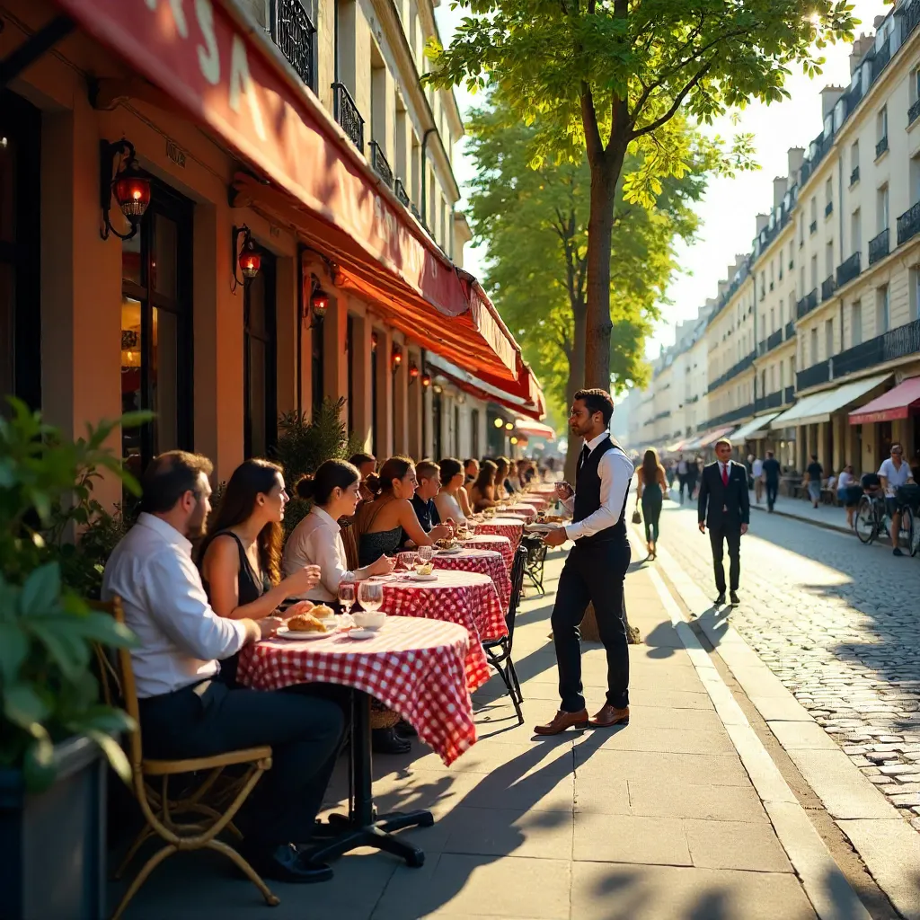 Sunlit Parisian Café: Diners and Bicycles