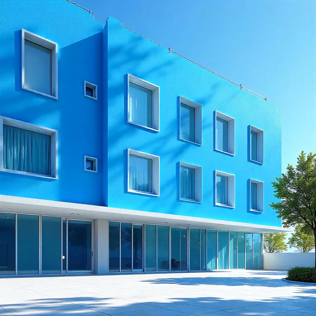 Bright Blue Modern Facade with White Windows
