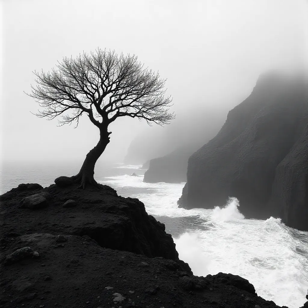 Monochrome Isolated Tree on Misty Madeira Cliffs