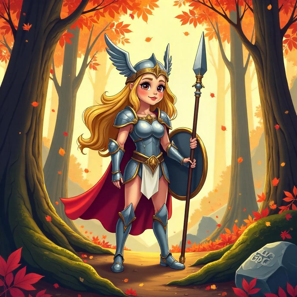Autumn Valkyrie in a Cartoon Forest
