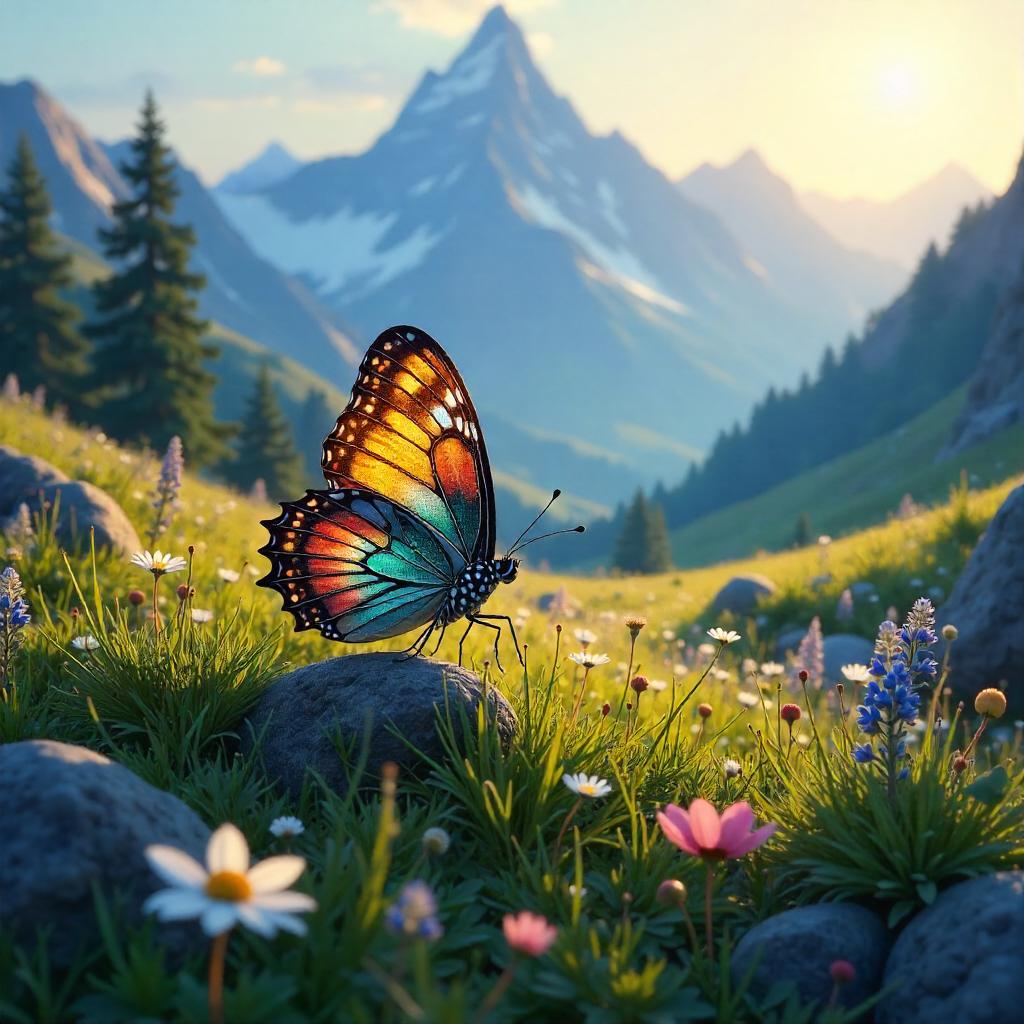 Iridescent Butterfly in Alpine Meadow