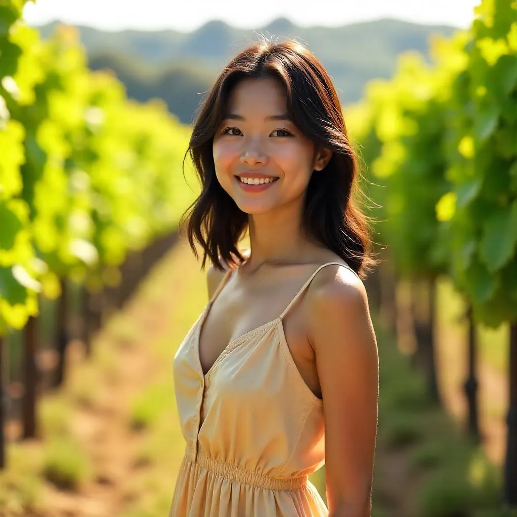 Cheerful Asian Woman in a Sunlit Vineyard