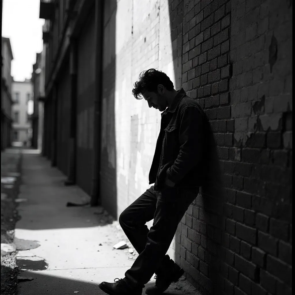 Pensive Man Leaning Against a Wall in Black and White