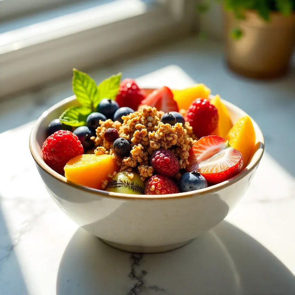 Sunlit Fruit and Granola Bowl on Marble Table